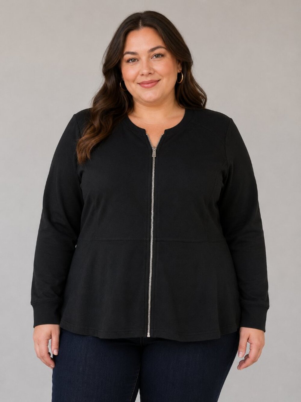 Denim & Co Women’s Large Black French Terry Zip Front Hi Low Jacket